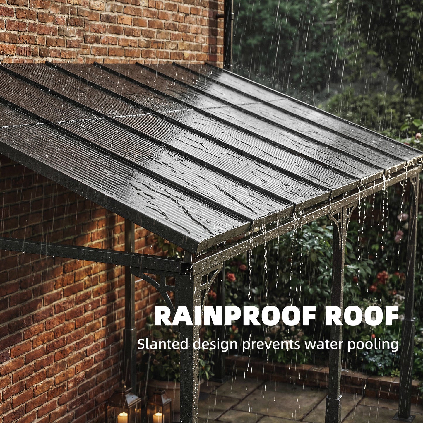 Outsunny 4 x 3 m Metal Lean-to Pergola, Wall-Mounted Garden Pergola with Polycarbonate Roof and Metal-Aluminium Frame, Heavy Duty Hardtop Gazebo for Outdoor Patios, BBQ, Brown
