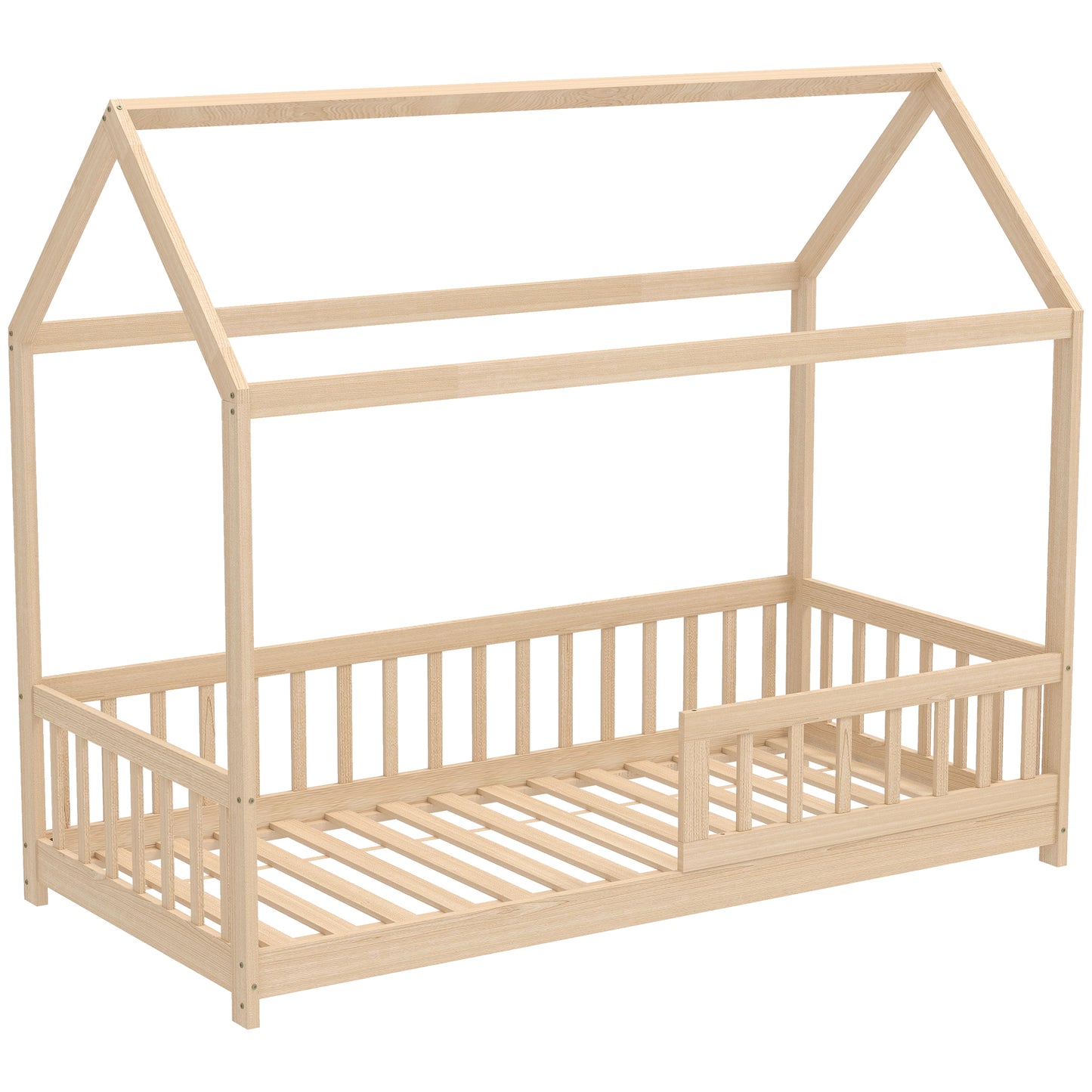 Photo of HOMCOM House-Shaped Kids Bed Frame with Guard Rails, Solid Pine Wood Single Bed Frame for Kids Boys and Girls, Natural in Natural colour on a white background