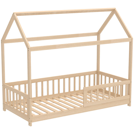 Photo of HOMCOM House-Shaped Kids Bed Frame with Guard Rails, Solid Pine Wood Single Bed Frame for Kids Boys and Girls, Natural in Natural colour on a white background
