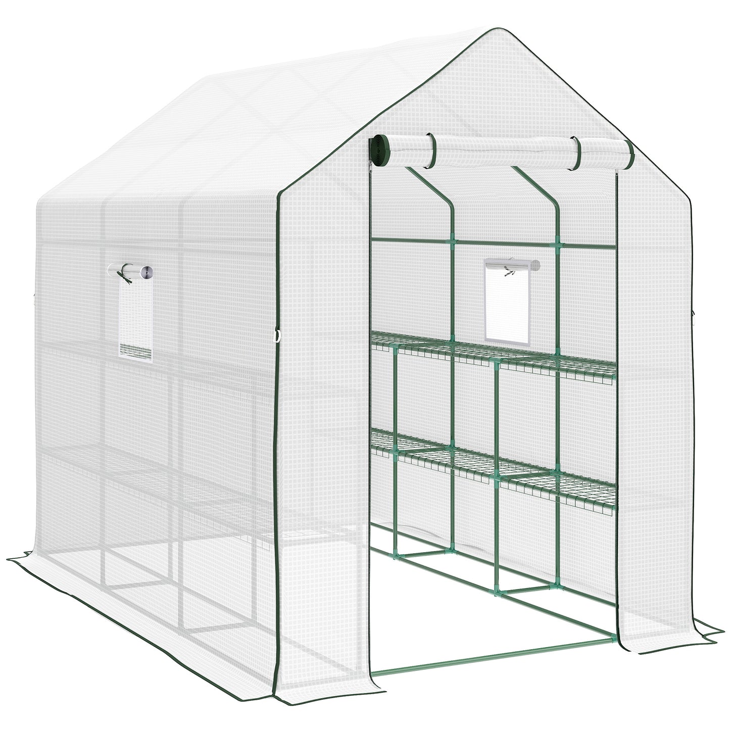 Photo of Outsunny Walk-in Greenhouse with 3 Tier 12 Shelves, Small Greenhouse with Reinforced PE Cover, Garden Plant Growhouse with Roll-up Door and Three Mesh Windows, 140 x 213 x 190 cm, White in White colour on a white background
