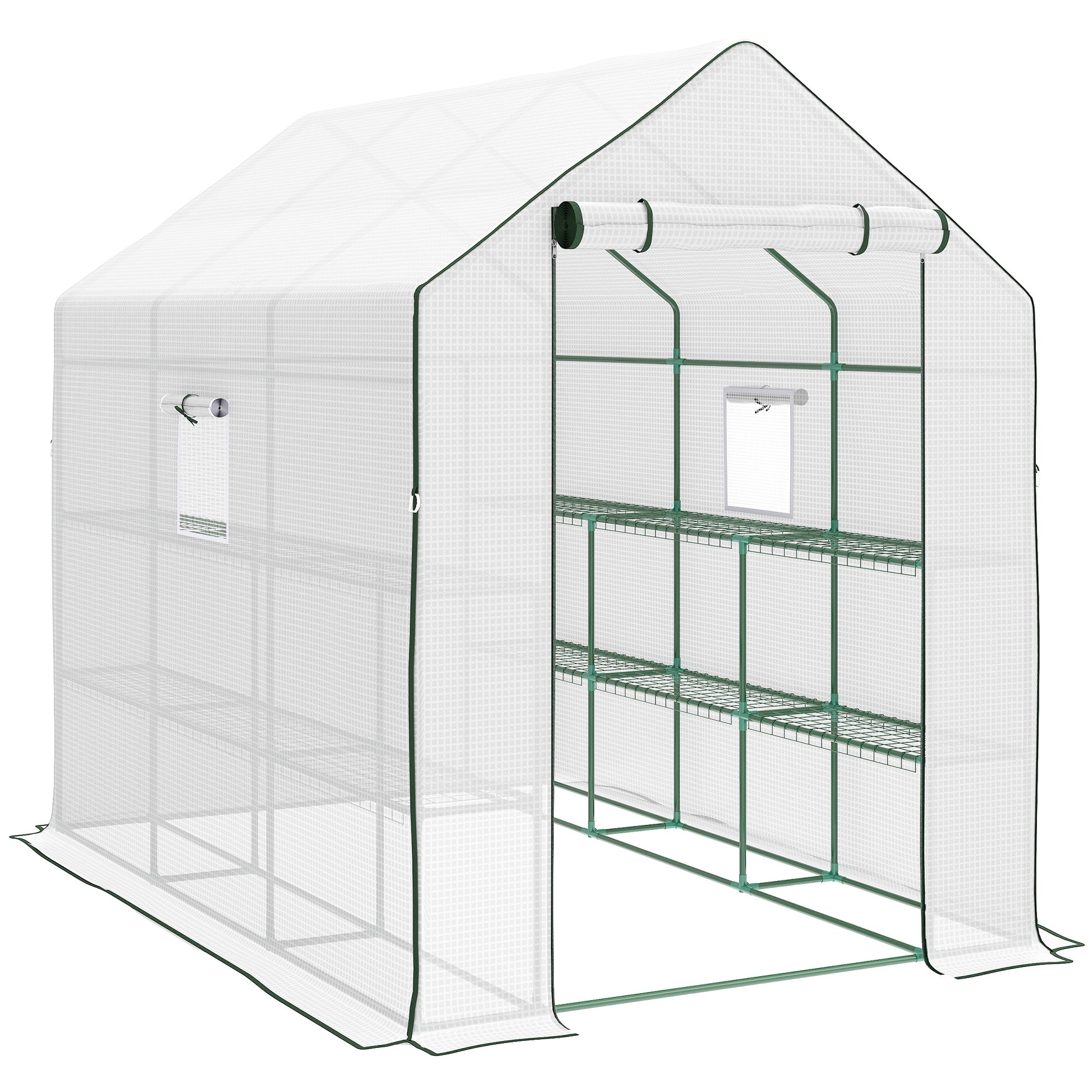 Photo of Outsunny Walk-in Greenhouse with 3 Tier 12 Shelves, Small Greenhouse with Reinforced PE Cover, Garden Plant Growhouse with Roll-up Door and Three Mesh Windows, 140 x 213 x 190 cm, White in White colour on a white background