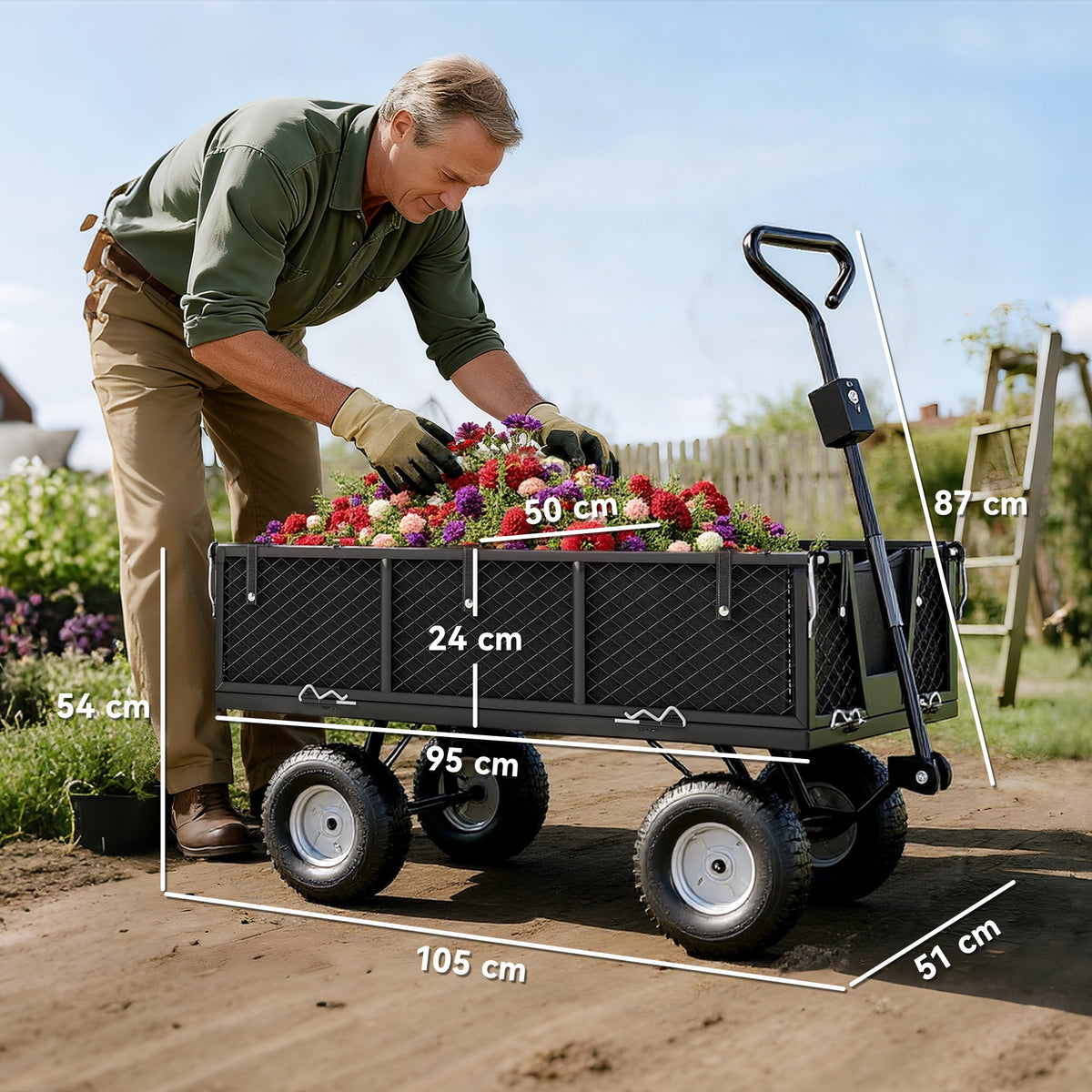 Outsunny garden cart loaded with flowers, with dimensions and adjustable handle visible