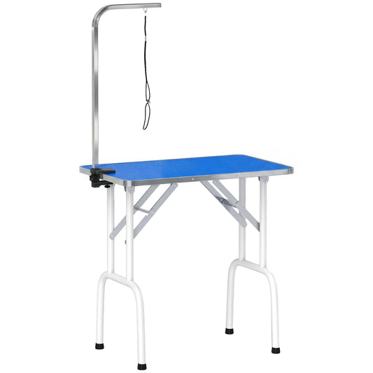Photo of PawHut 32" Foldable Dog Grooming Table Pet Drying Beauty Table Adjustable Fixed Arm Rubber Top, Blue in Blue colour on a white background