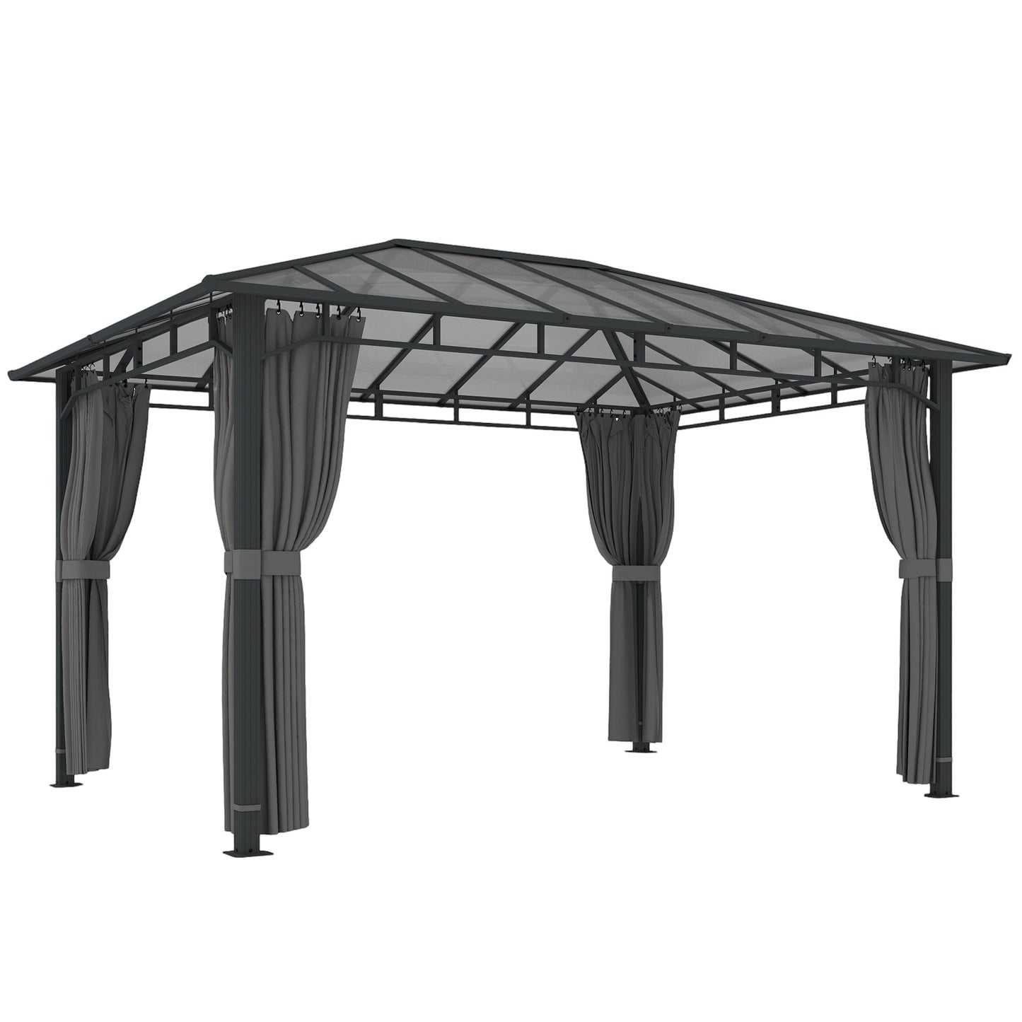 Photo of Outsunny 3 x 4 m Outdoor Hardtop Gazebo Canopy with PC Roof, Aluminium Permanent Pavilion Garden Gazebo with Curtains, Dark Grey in Grey colour on a white background