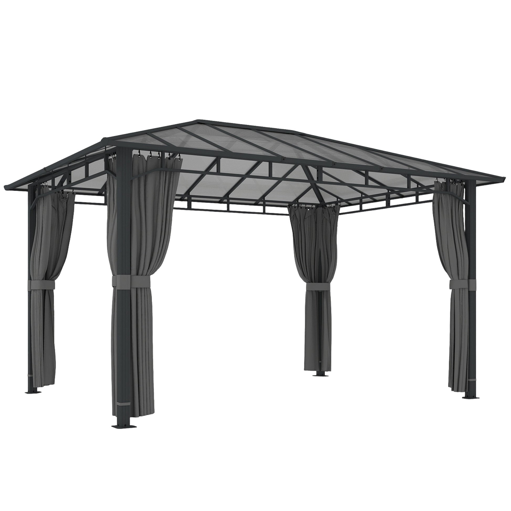 Photo of Outsunny 3 x 4 m Outdoor Hardtop Gazebo Canopy with PC Roof, Aluminium Permanent Pavilion Garden Gazebo with Curtains, Dark Grey in Grey colour on a white background
