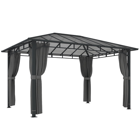 Photo of Outsunny 3 x 4 m Outdoor Hardtop Gazebo Canopy with PC Roof, Aluminium Permanent Pavilion Garden Gazebo with Curtains, Dark Grey in Grey colour on a white background