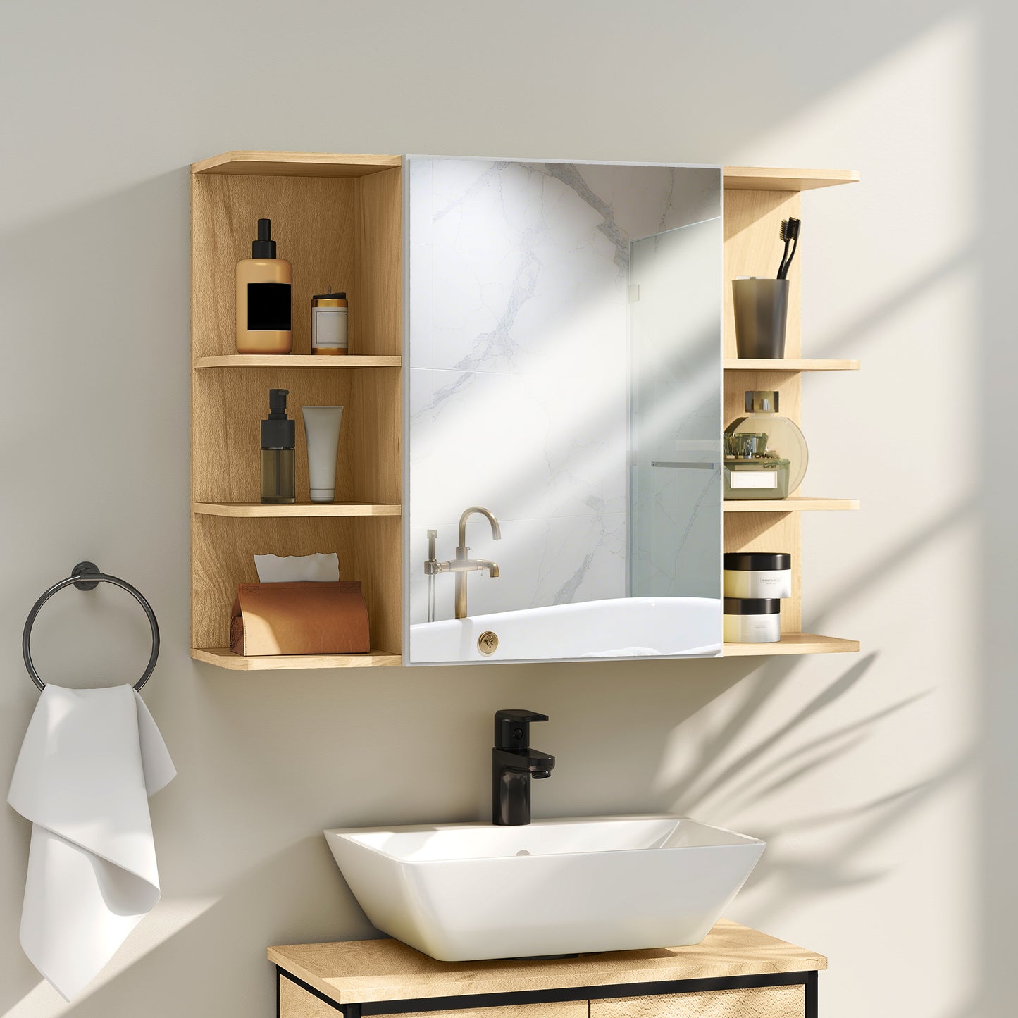 HOMCOM Bathroom Mirror Cabinet with Open Storage Shelves - Natural Wood Finish