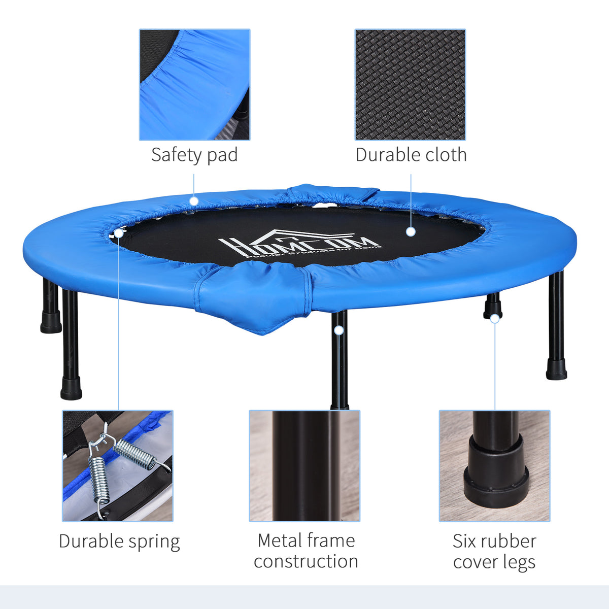 HOMCOM mini trampoline with blue safety pad, black mat, metal frame, springs, and rubber feet