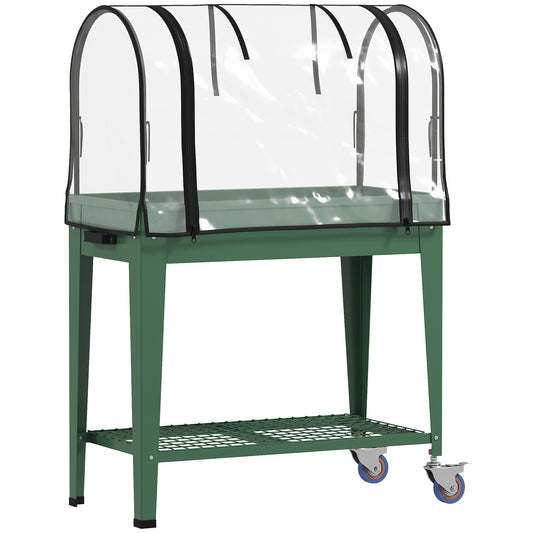 Photo of Outsunny Raised Planter with Greenhouse Cover, Mobile Elevated Garden Bed with Wheels and Bottom Shelf for Vegetables, Green in Green colour on a white background