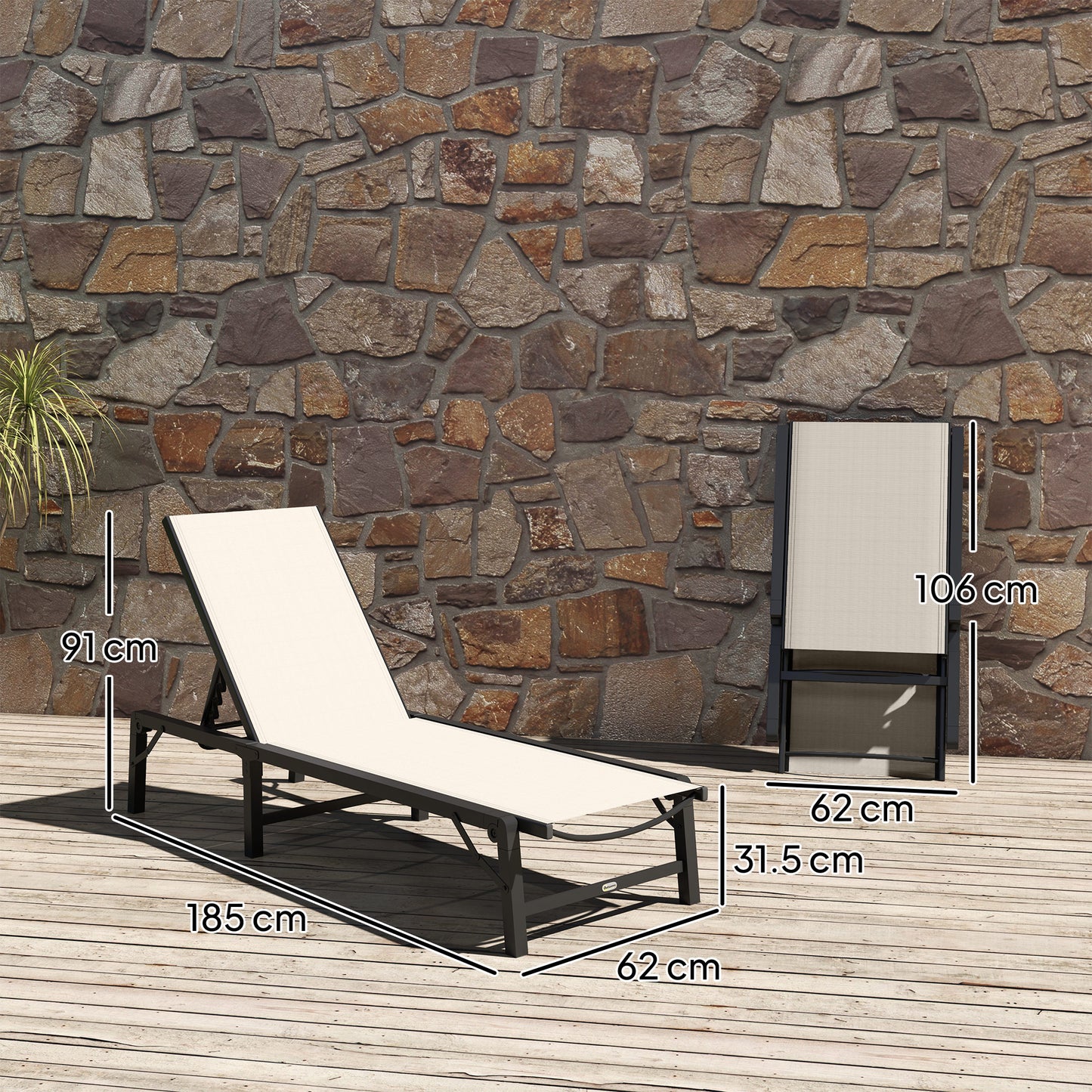 Outsunny Folding Sun Lounger Set of 2, 5-Position Adjustable Reclining Garden Loungers, Garden Chaise Lounge Sunbed Recliner Chairs with Steel Frame for Beach, Porch, Patio, Camping, Khaki