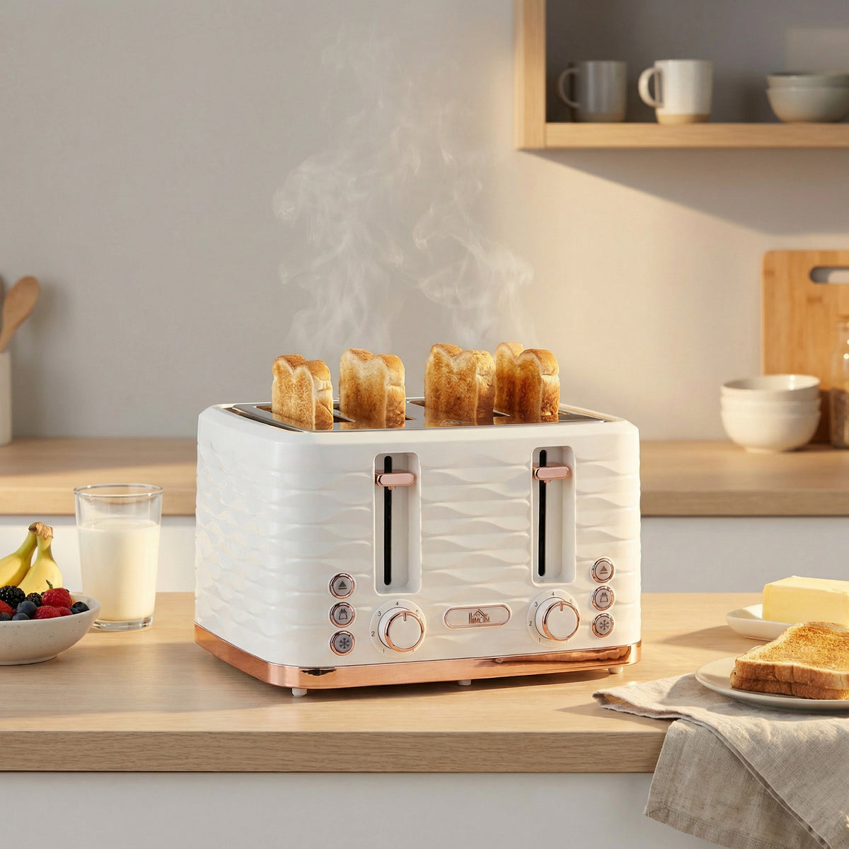 White HOMCOM four-slice toaster with toasted bread in its slots
