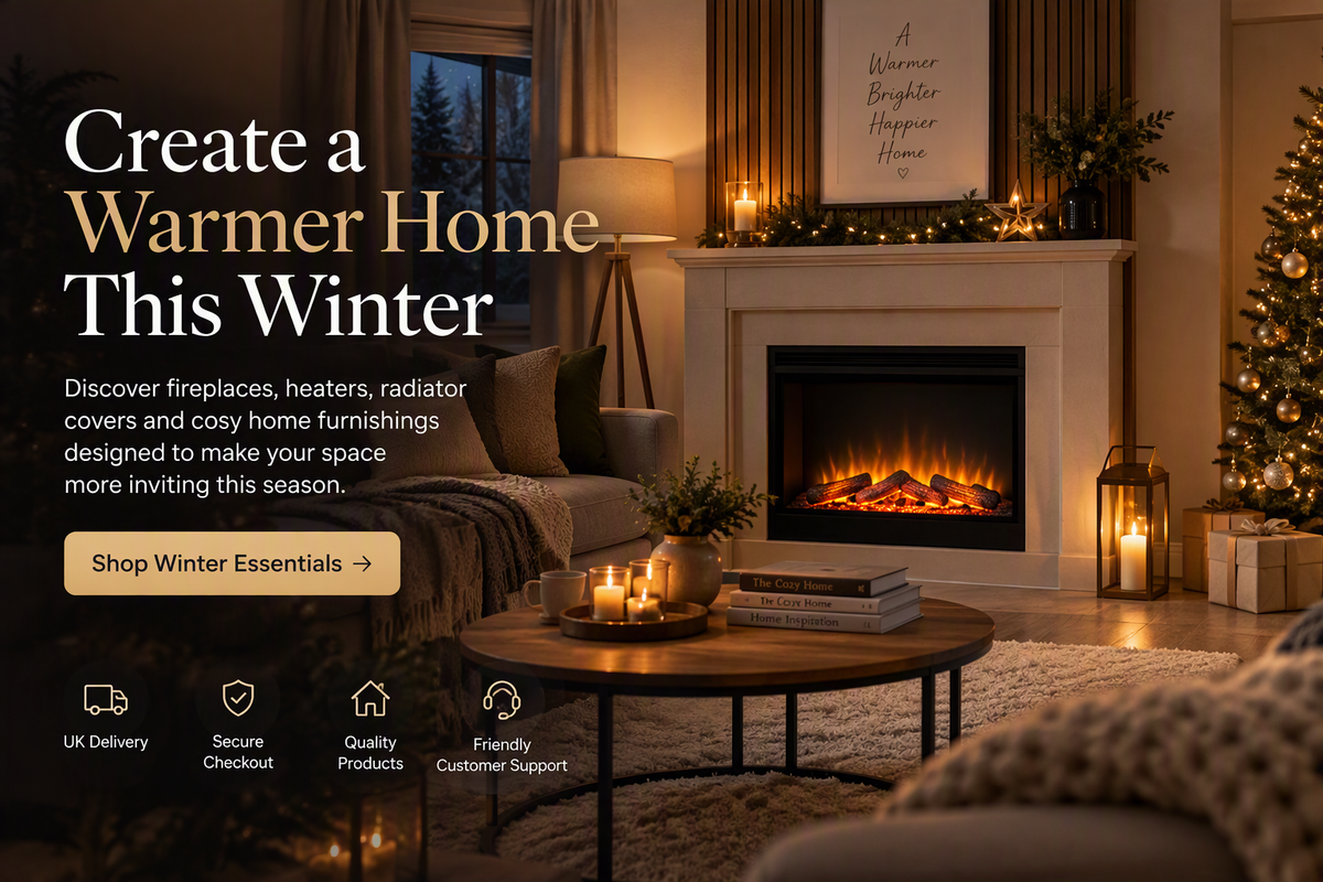 A cozy living room scene with a lit fireplace, warm lighting, and promotional text reading 'Create a Warmer Home This Winter' plus a 'Shop Winter Essentials' button and feature icons for UK delivery, secure checkout, quality products, and friendly customer support.