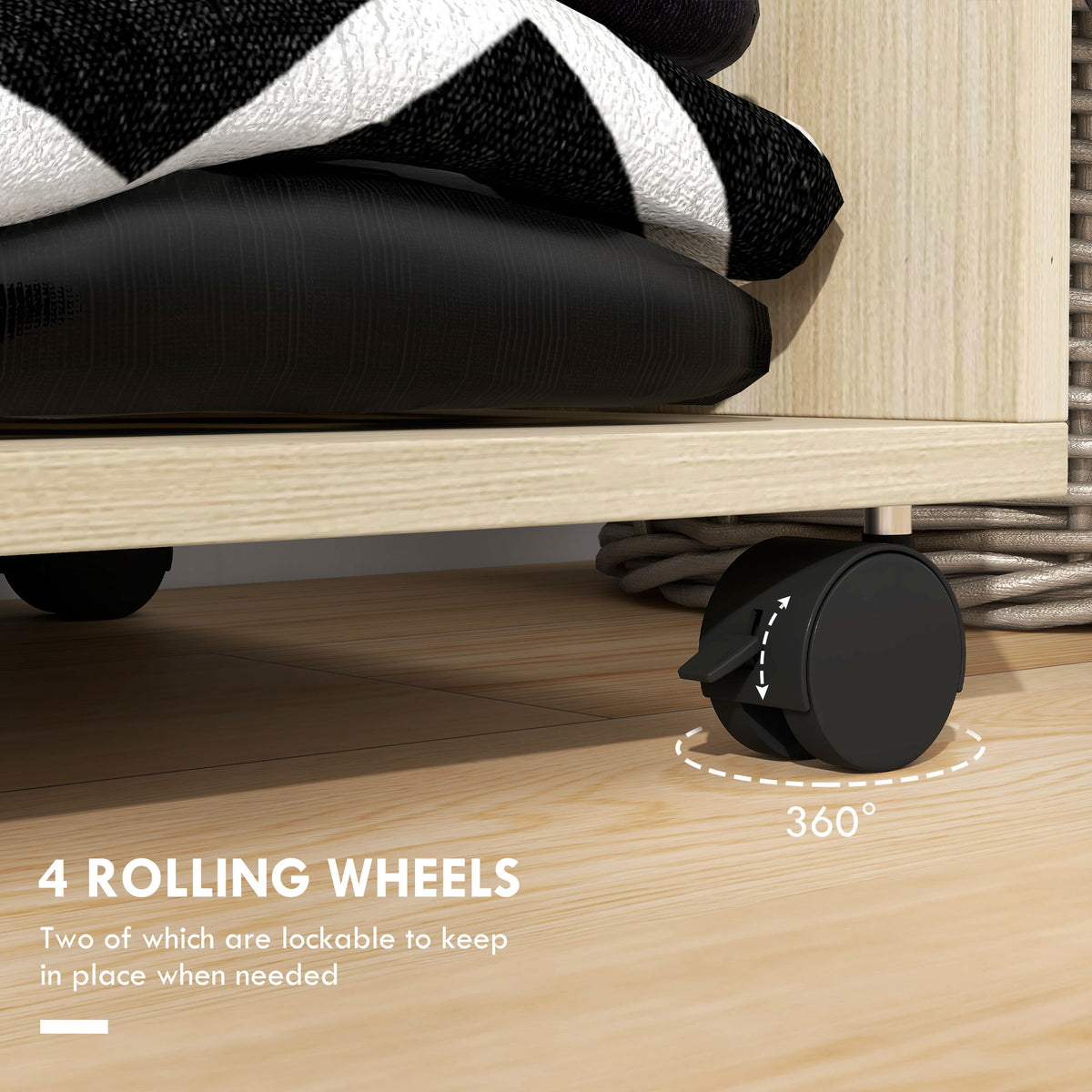 Close-up of a wardrobe wheel beneath a shelf, showing its swivel and locking feature