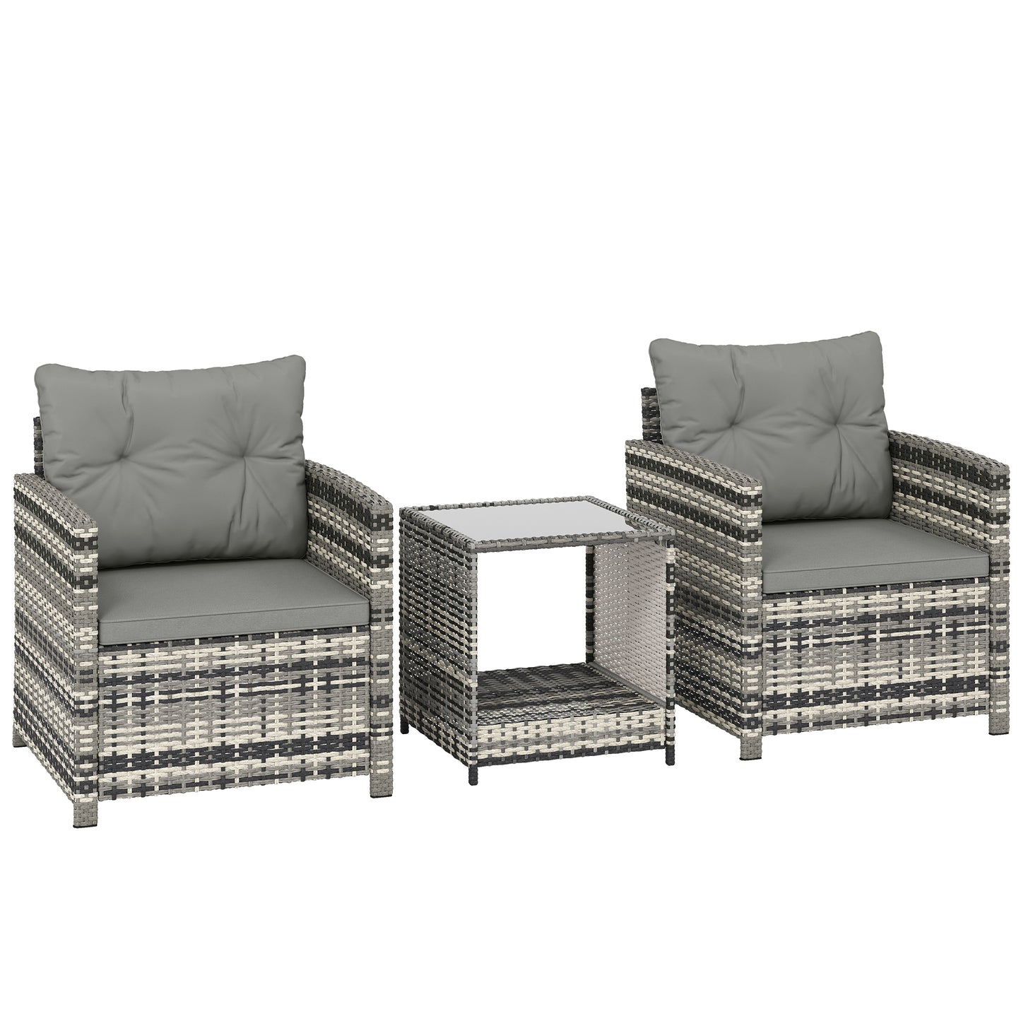 Photo of Outsunny Rattan Bistro Set, 3 Piece Garden Furniture Set with 2 Tier Glass Top Table and Cushions, Mixed Grey in Grey colour on a white background