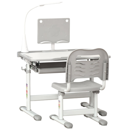 Photo of HOMCOM Kids Study Desk and Chair Set w/ Adjustable Height, Storage, Drawer, Grey in Grey colour on a white background