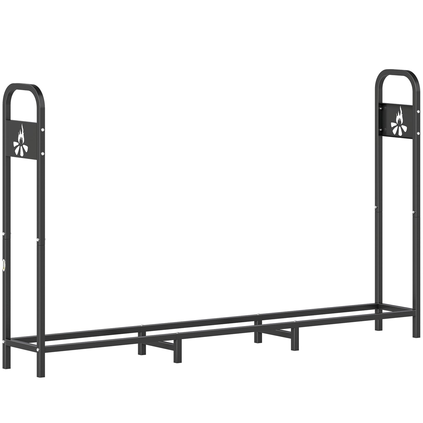 Photo of Outsunny 6.5 FT Steel Firewood Log Rack with 300 kg Capacity, Heavy Duty Indoor Outdoor Fireplace Wood Storage Shelf, Log Holder/Stand with Extra Support Legs, Decorative Bonfire Pattern, Black in Black colour on a white background