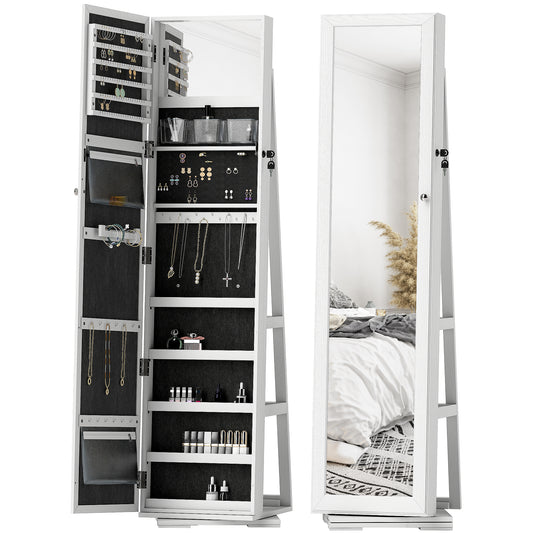 White freestanding jewelry cabinet with full-length mirror, interior compartments, hooks and shelves