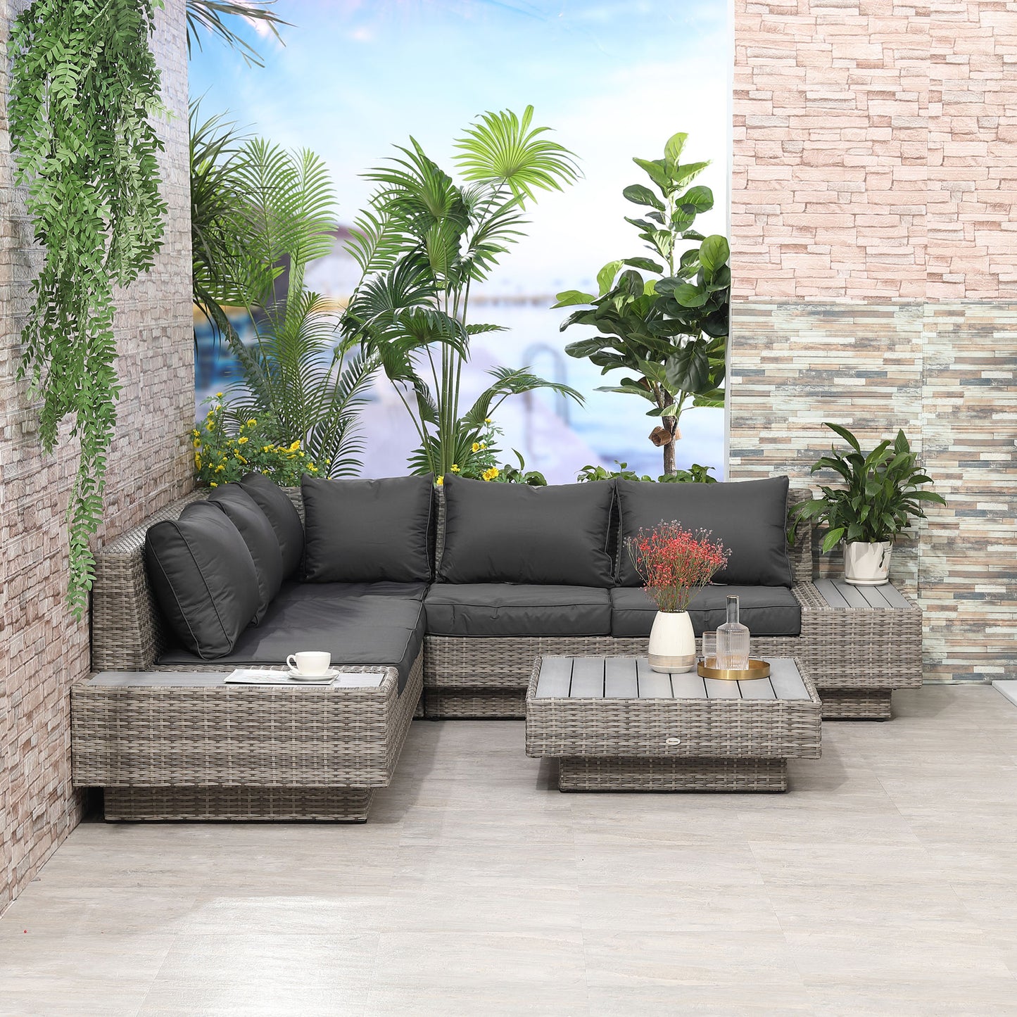 Outsunny 4 PCs Rattan Garden Furniture Outdoor Sectional Corner Sofa and Coffee Table Set  Conservatory Wicker Weave Furniture with Armrest and Cushions - Light Grey