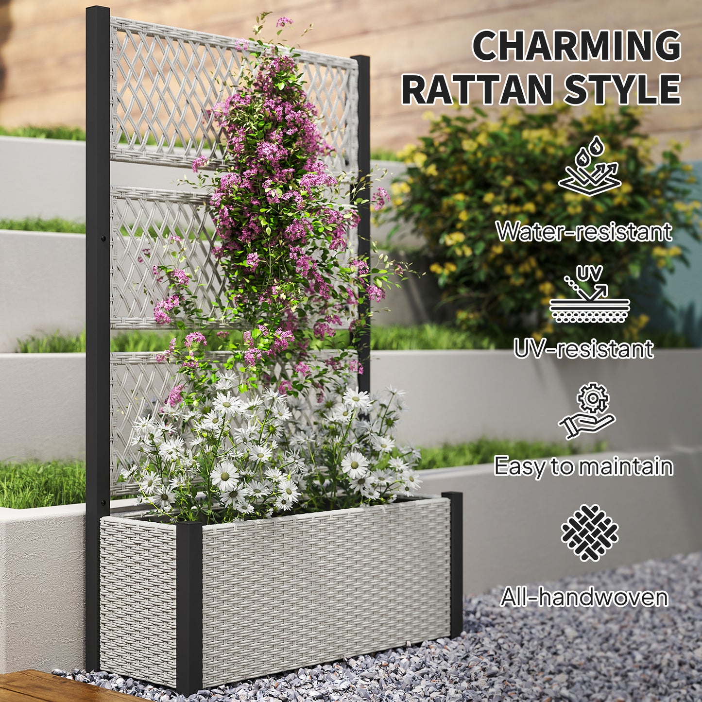 Outsunny Garden Planter Box with Trellis, Liner for Climbing Plants, Vegetables, Flowers, Mixed-grey