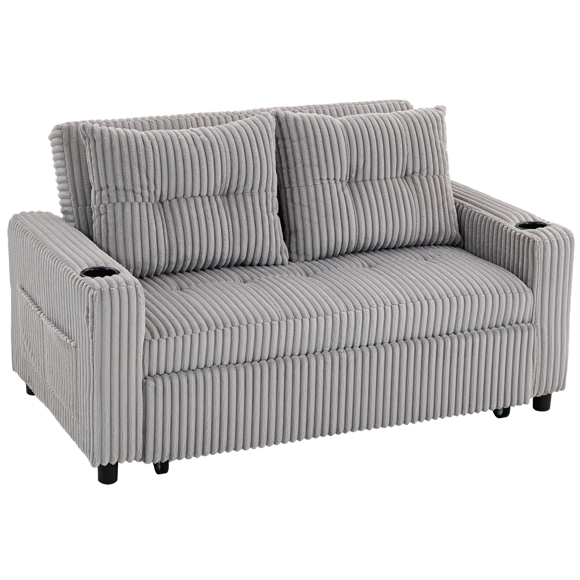 Photo of HOMCOM 2 Seater Click Clack Sofa Bed with Pull Out Design, Corduroy Upholstery - Light Grey in Grey colour on a white background