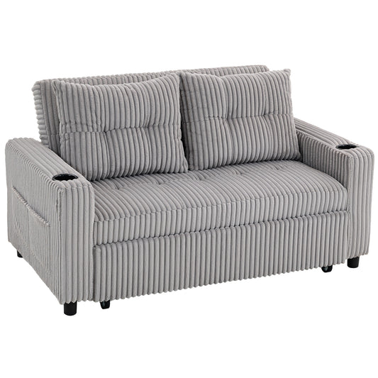 Photo of HOMCOM 2 Seater Click Clack Sofa Bed with Pull Out Design, Corduroy Upholstery - Light Grey in Grey colour on a white background