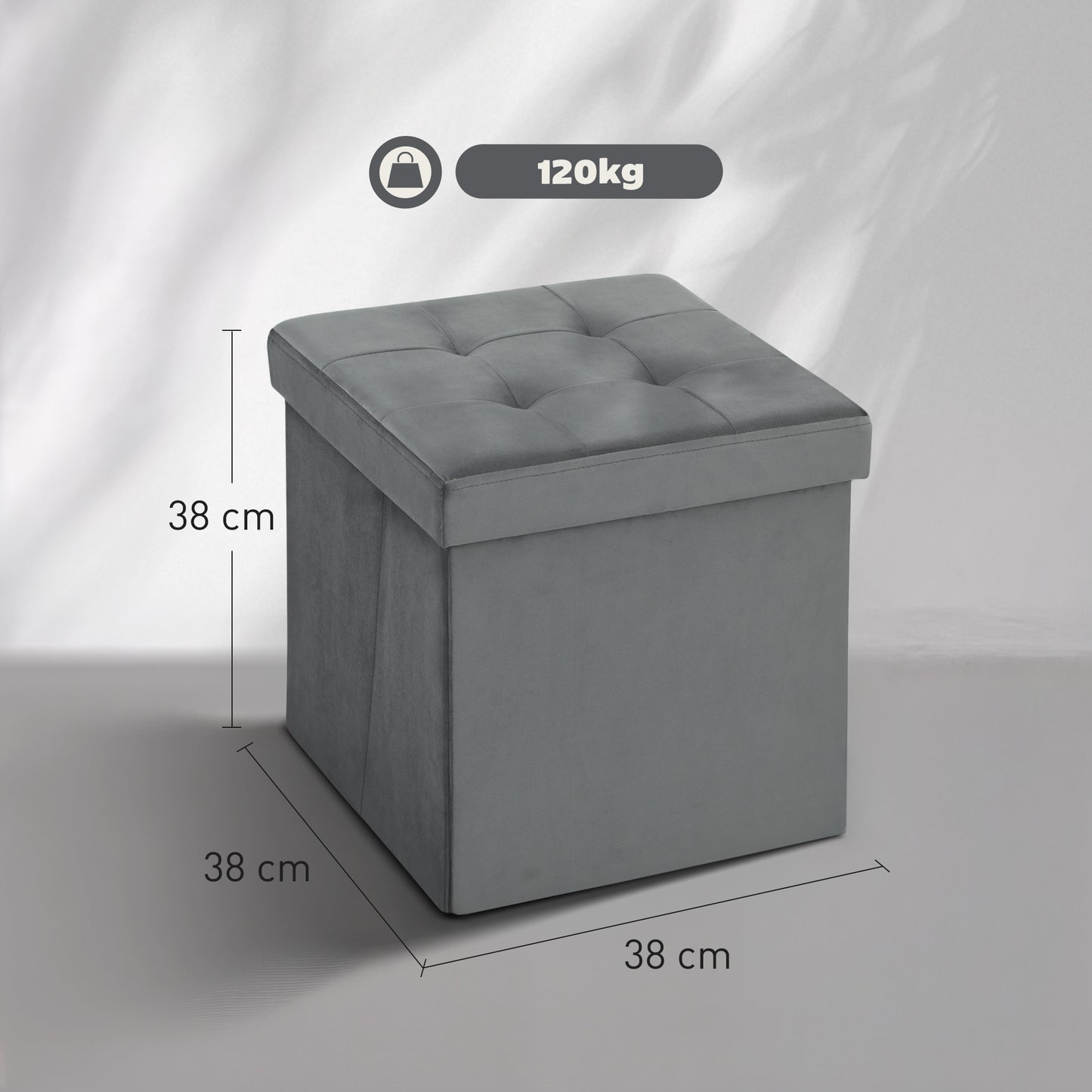 HOMCOM Foldable Velvet-Feel Storage Ottoman - Grey