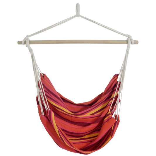 Photo of Outsunny Outdoor Hanging Rope Chair with Cotton Rope, Garden Hammock Chair with Wooden Support Bar Cotton Cloth, Portable Garden Chair for Patio & Tree, Red in Red colour on a white background