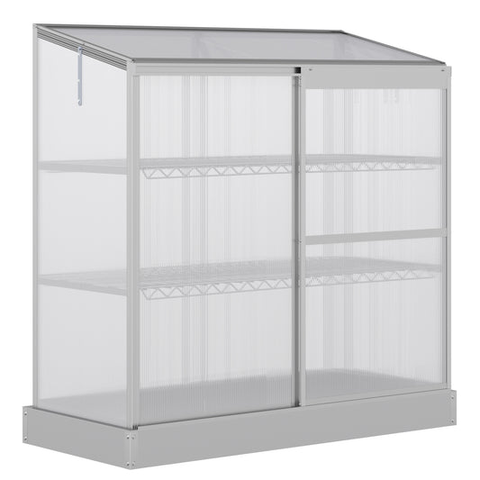 Photo of Outsunny 3 Tier Greenhouse Garden Outdoor Cold Frame Plant Flower Growth Transparent Polycarbonate Board Openable Roof Sliding Door w/ Foundation 131L x 58W x 140H cm in cm colour on a white background