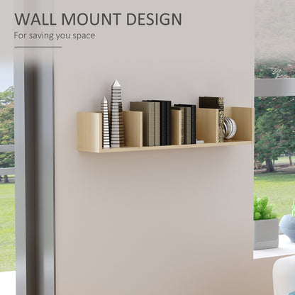 Natural wood wall-mounted media shelf holding books and discs in a living room.