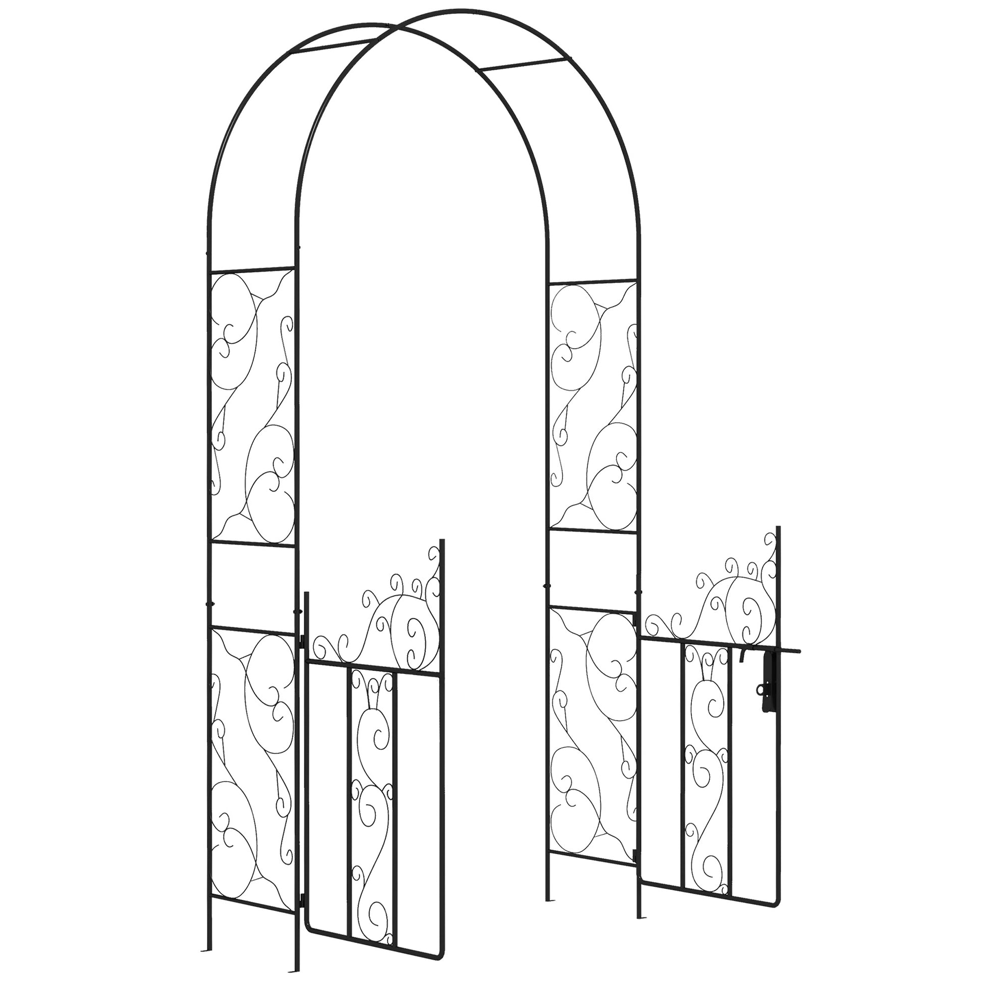 Photo of Outsunny Outdoor Garden Arch with Double Gates, Metal Garden Arbor for Climbing Plants, Roses, Vines, Wedding Arch for Outdoor, 125L x 38W x 227H cm, Black in Black colour on a white background