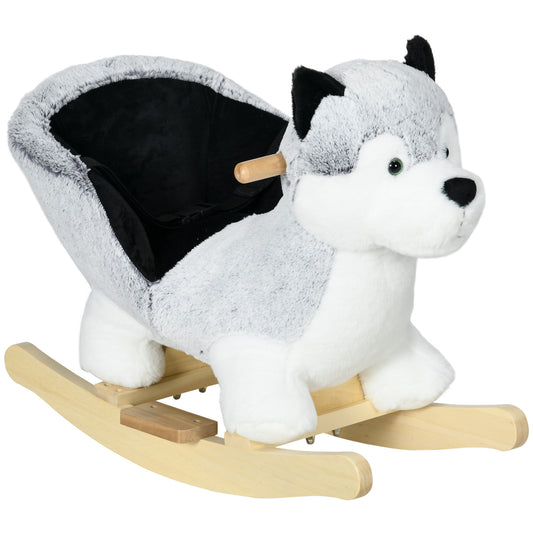 Photo of HOMCOM Baby Rocking Horse, Husky-Designed Plush Rocking Animal, with Sounds, Seatbelt, for Ages 18-36 Months - Grey in Grey colour on a white background