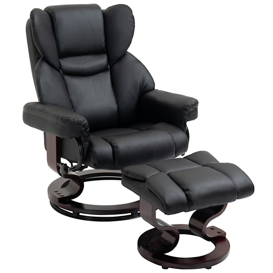Photo of HOMCOM 360° Swivel Recliner Chair with Footstool, PU Leather Manual Recliner Armchair with Footstool, Solid Wood Base, Upholstered Reclining Chair for Living Room, Bedroom, Office, Black in Black colour on a white background