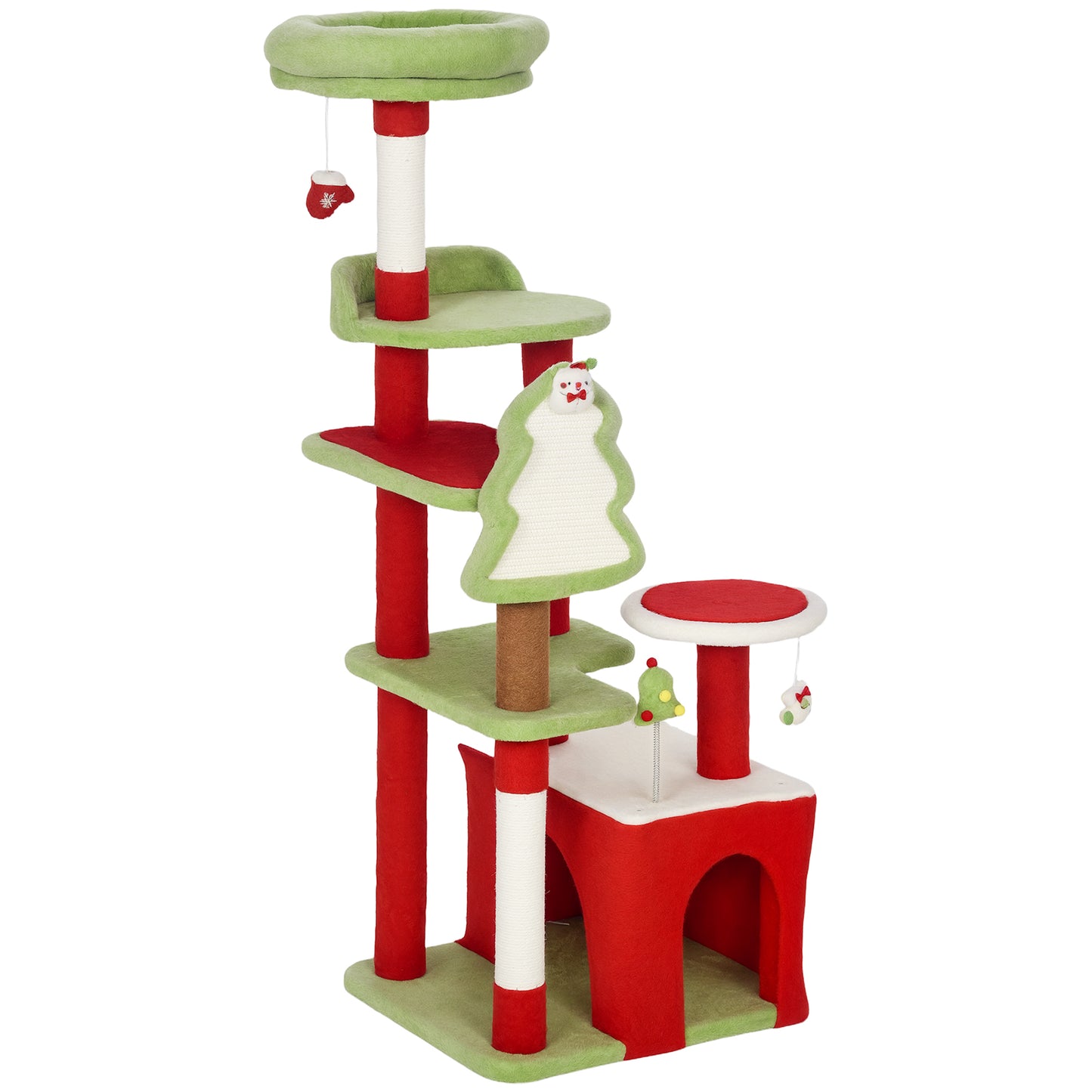 Photo of PawHut Cat Tree, 120cm Christmas Cat Tower with 3 Scratching Posts, Scratching Board, 2 Perches, Platforms, Toys, Green in Green colour on a white background