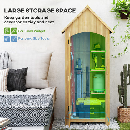 Wooden storage shed interior with shelves and space for long garden tools