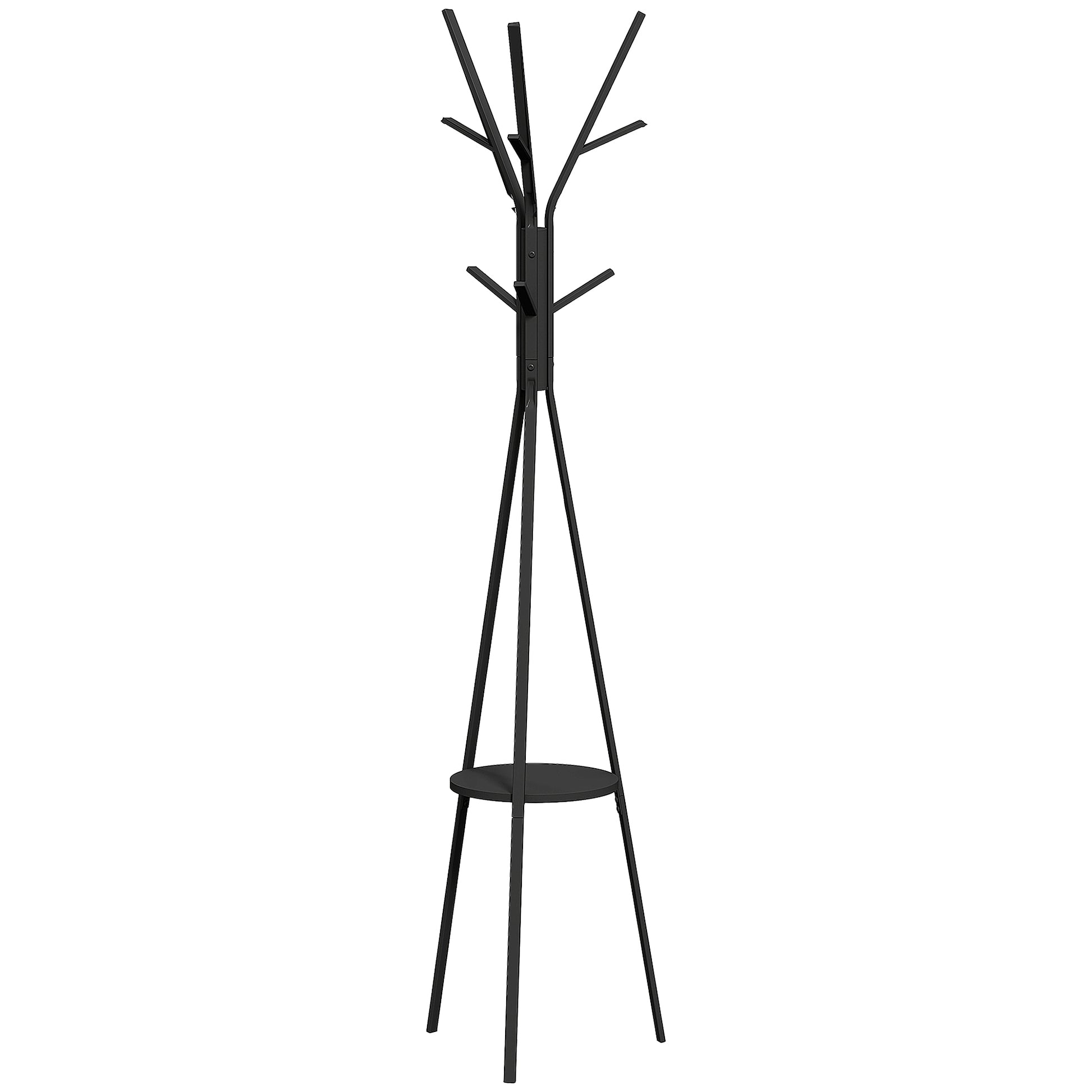 Photo of HOMCOM Freestanding Metal Coat Rack Stand 9 Hooks Clothes Tree with 1 Shelf Hat Display Hall Tree Hanger Bag Umbrella Hanging Organiser Black in Black colour on a white background