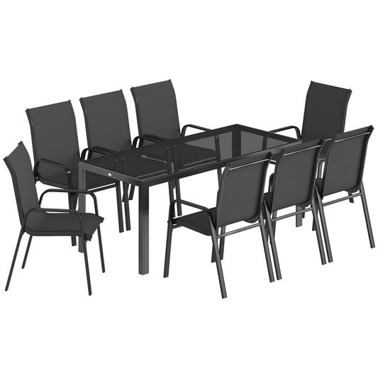 Photo of Outsunny 9 Pieces Garden Dining Set, Outdoor Table and Chairs Set for 8, Garden Furniture Set with Tempered Glass Top, Black in Black colour on a white background