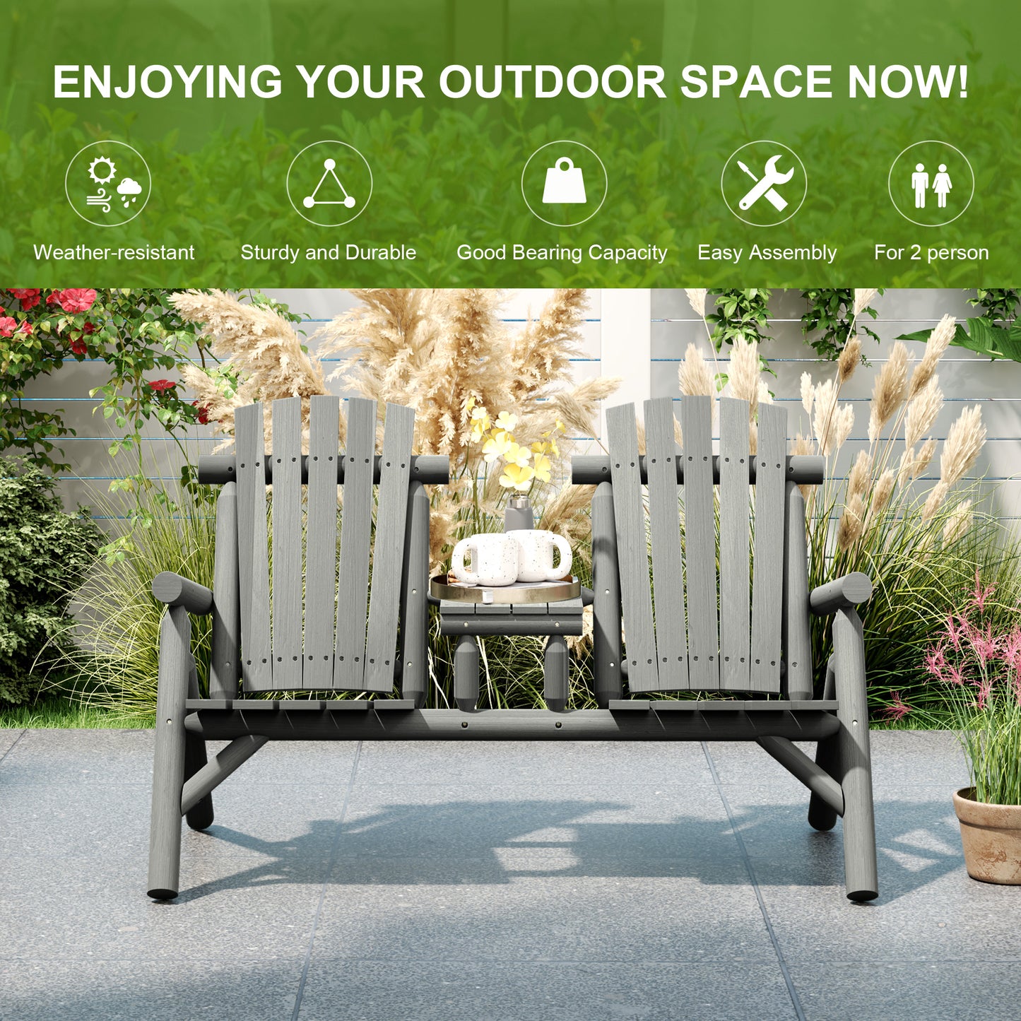 Outsunny Wood Patio Chair Bench 2 Seats w/ Centre Coffee Table, Garden Bench, Grey