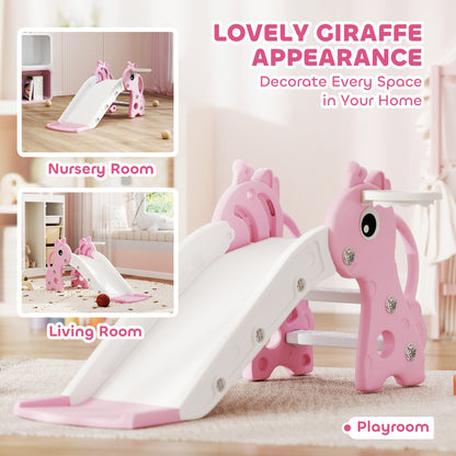 Pink and white toddler slide and climber with giraffe-shaped sides and basketball hoop