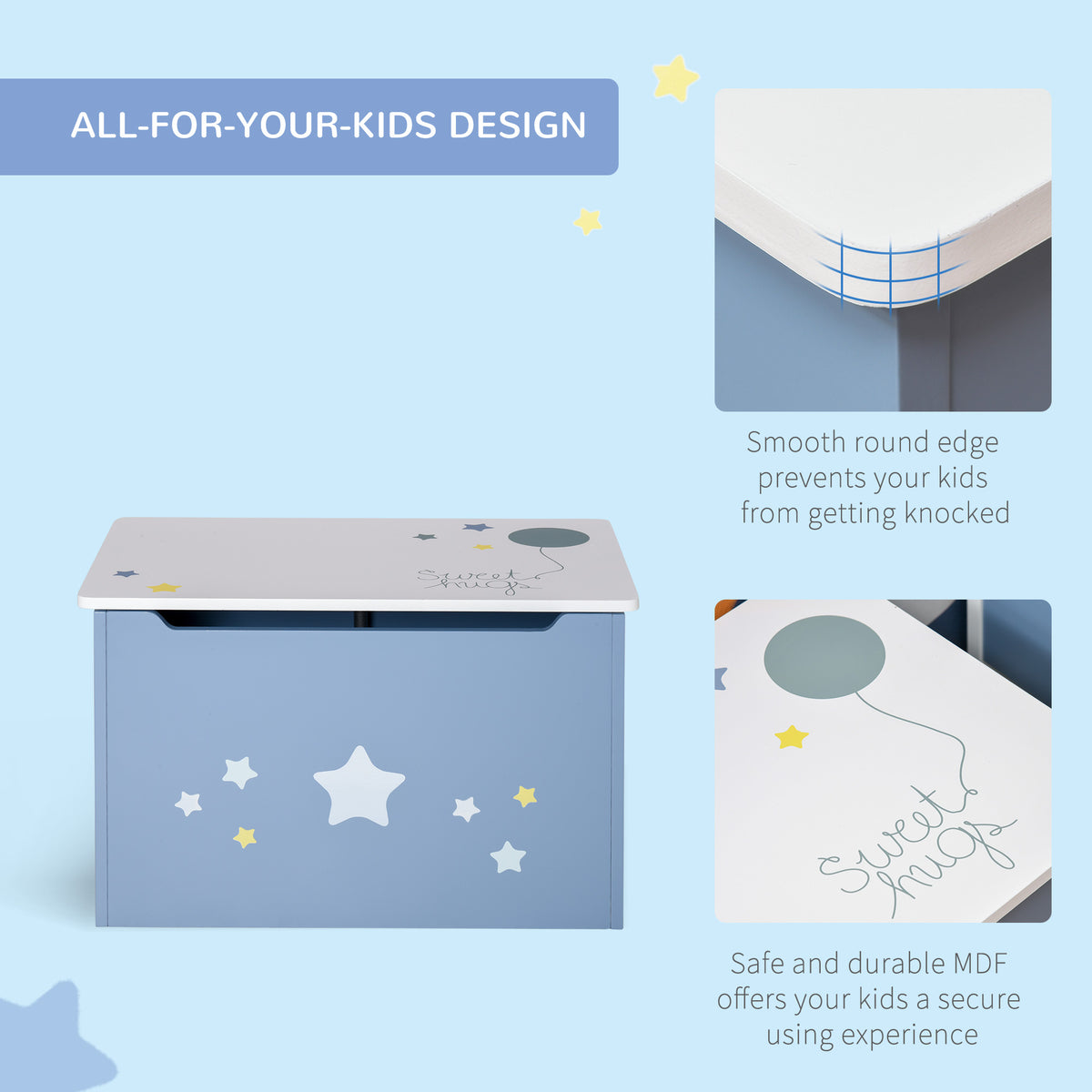 Blue wooden toy chest with rounded lid corners and white and yellow star decals