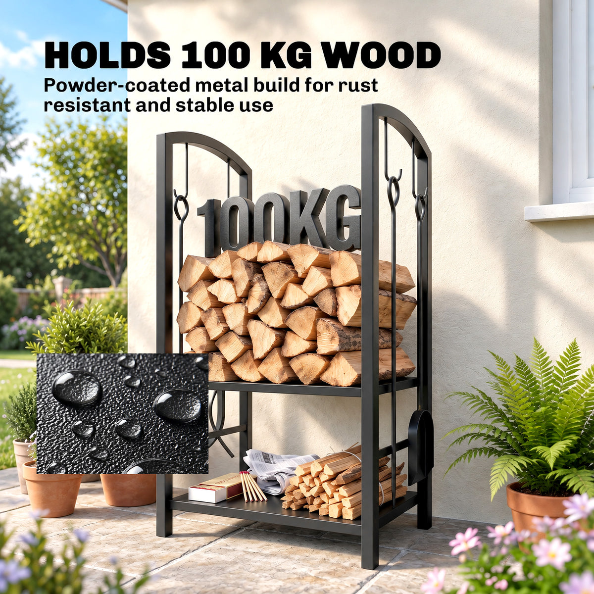 Black metal firewood rack with two storage tiers and a 100 kg capacity