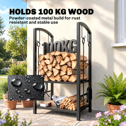 Black metal firewood rack with two storage tiers and a 100 kg capacity