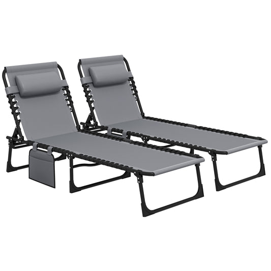 Photo of Outsunny Portable Sun Lounger Set of 2, Folding Camping Bed Cot, Reclining Lounge Chair 5-position Adjustable Backrest with Side Pocket, Pillow for Patio Garden Beach Pool, Grey in Grey colour on a white background