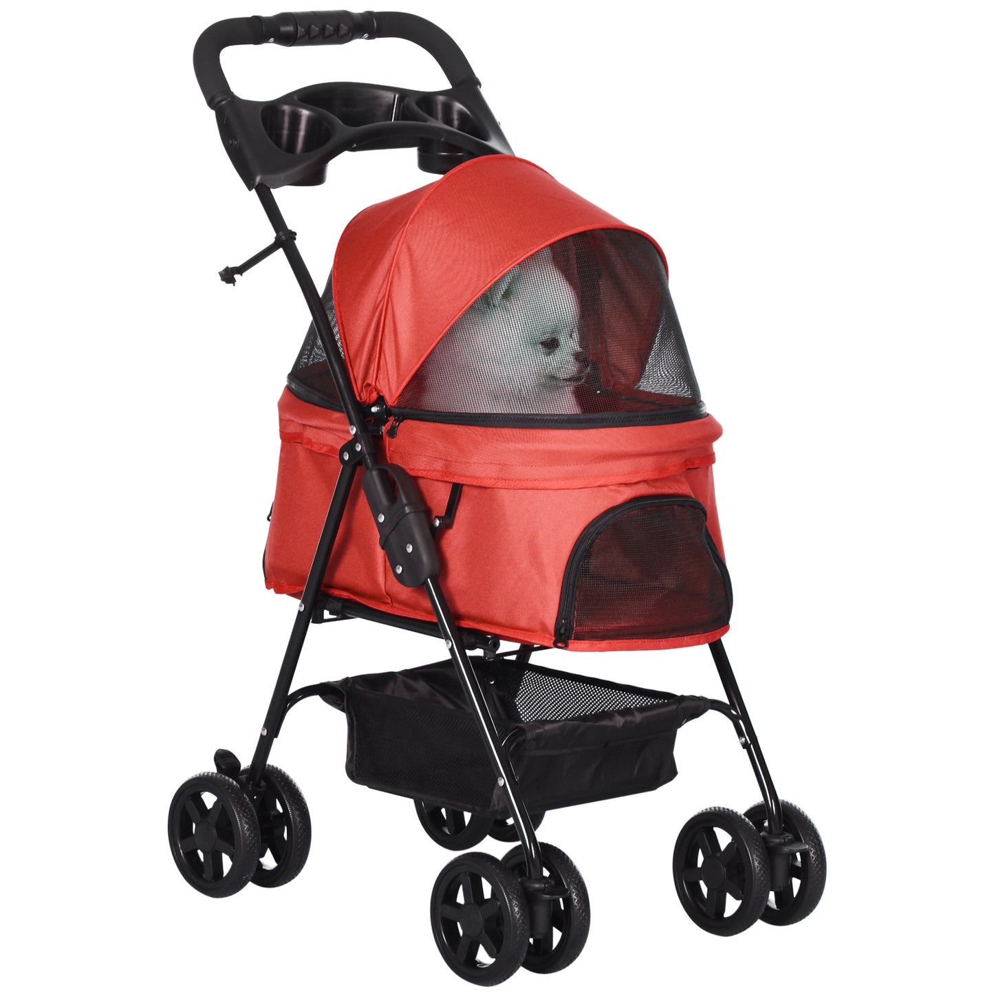 Photo of PawHut Dog Pram Dog Stroller Foldable Pet Pushchair with 4 Wheels, Safety Leashes, Cup Holder for Small Dogs, Red in Red colour on a white background