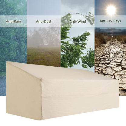Beige outdoor sofa cover shown with rain, dust, wind and UV protection claims