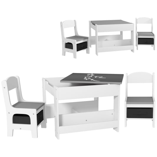 Photo of HOMCOM Three-Piece Kids Table and Chair Set with Blackboard, Storage, Bookshelves - Grey in Grey colour on a white background