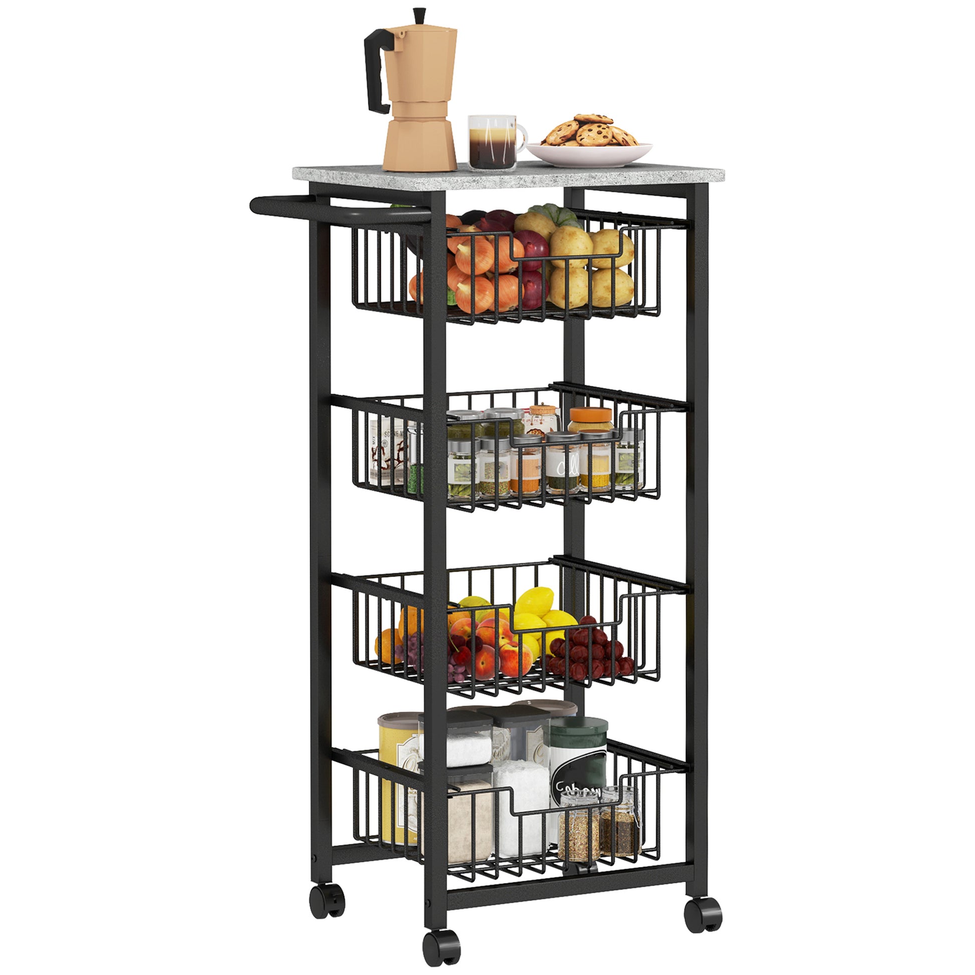 Photo of HOMCOM Four Basket Mobile Kitchen Island, with Brakes - Grey/Black in Grey/Black colour on a white background