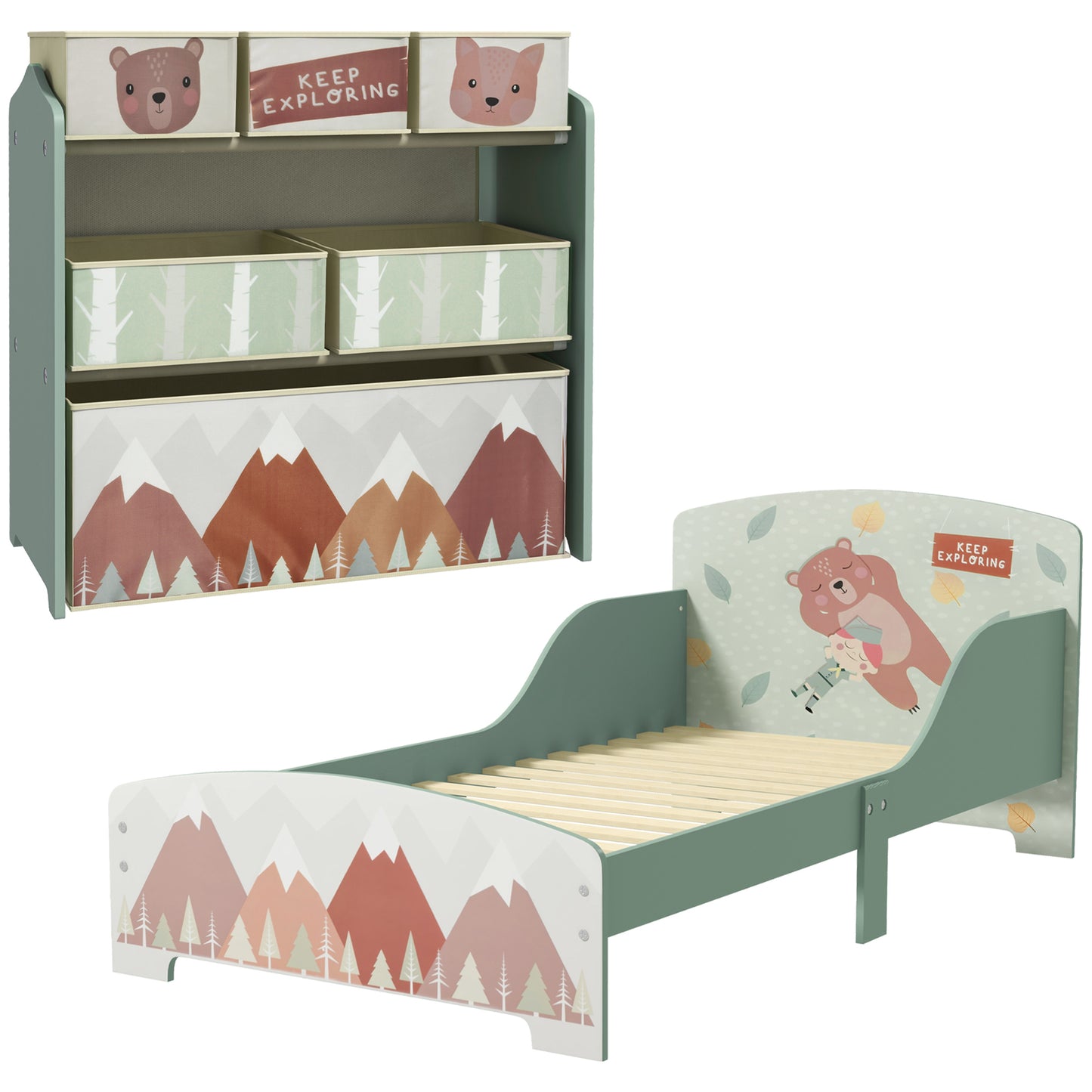 Photo of ZONEKIZ Toddler Bed Frame, Kids Storage Shelf Unit with 6 Fabric Bins for Ages 3-6 Years, Green in Green colour on a white background