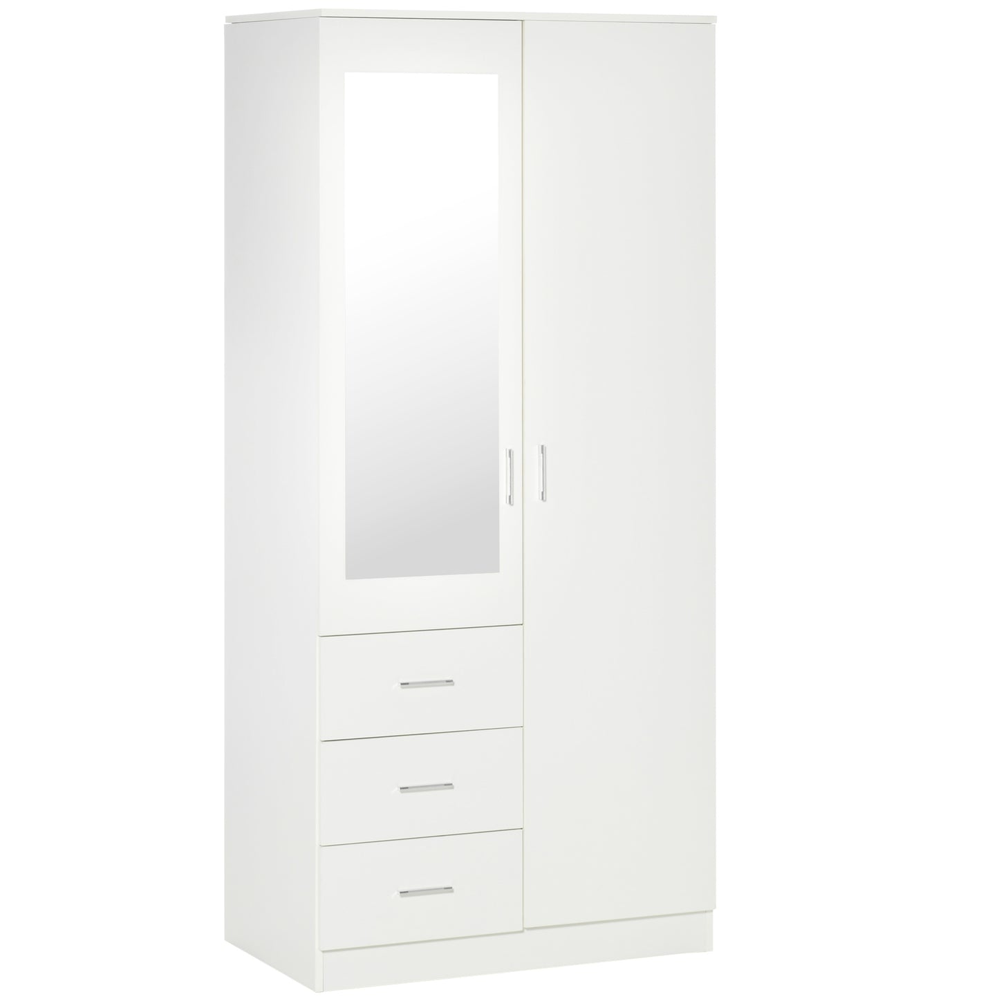 Photo of HOMCOM 2 Door 3 Drawer Mirrored Wardrobe with Hanging Rail, Modern Clothes Storage Cupboard with Mirror, Drawers and Adjustable Shelves for Bedroom, 80 x 50 x 180 cm, White in White colour on a white background