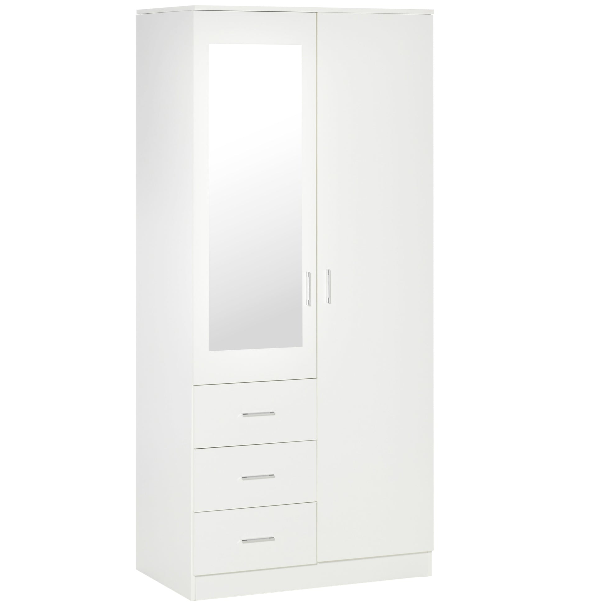 Photo of HOMCOM 2 Door 3 Drawer Mirrored Wardrobe with Hanging Rail, Modern Clothes Storage Cupboard with Mirror, Drawers and Adjustable Shelves for Bedroom, 80 x 50 x 180 cm, White in White colour on a white background