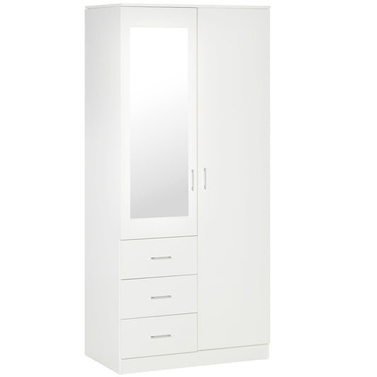 Photo of HOMCOM 2 Door 3 Drawer Mirrored Wardrobe with Hanging Rail, Modern Clothes Storage Cupboard with Mirror, Drawers and Adjustable Shelves for Bedroom, 80 x 50 x 180 cm, White in White colour on a white background